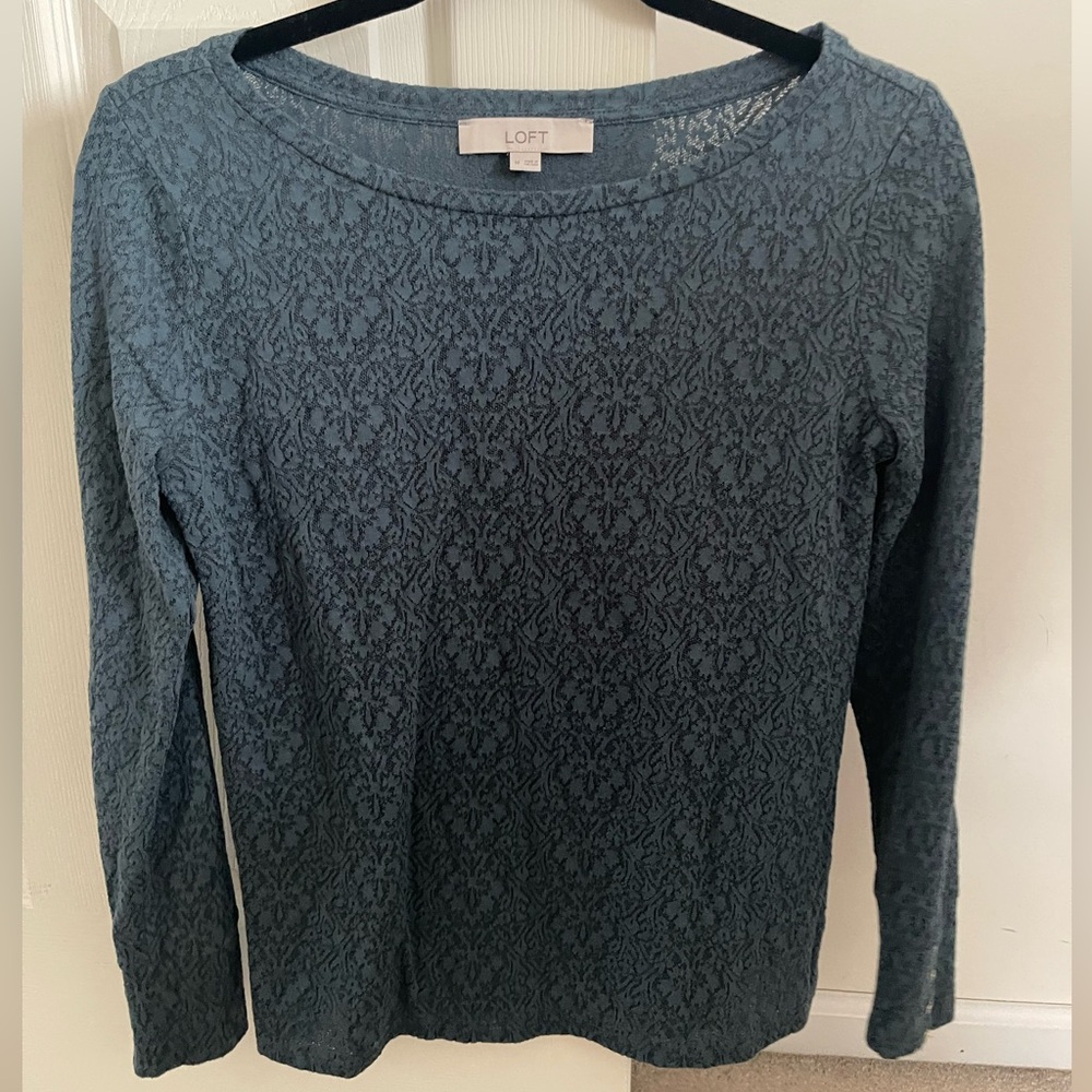 LOFT Teal Lace-Texture Long Sleeve Top